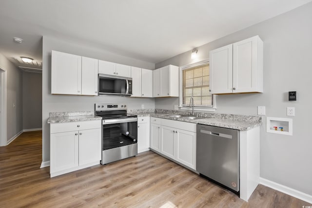 kitchen featuring a sink, baseboards, appliances with stainless steel finishes, and white cabinets