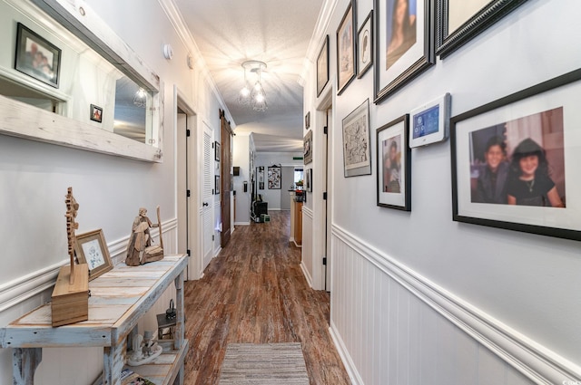 hall featuring ornamental molding, dark wood finished floors, and a wainscoted wall