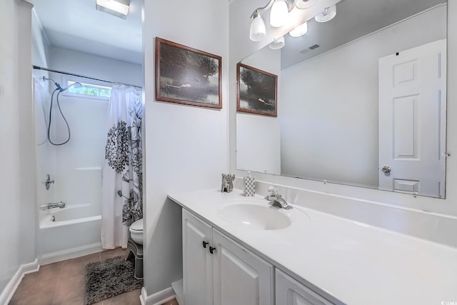 bathroom with shower / bathtub combination with curtain, vanity, tile patterned flooring, visible vents, and toilet