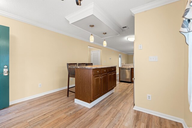 820 Fairway Dr Unit 1506Hh, Longs, SC 29568 - kitchen featuring stainless steel dishwasher, light wood-style flooring, baseboards, crown molding, and hanging light fixtures
