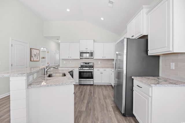 kitchen with appliances with stainless steel finishes, a sink, lofted ceiling, light wood-style floors, and tasteful backsplash