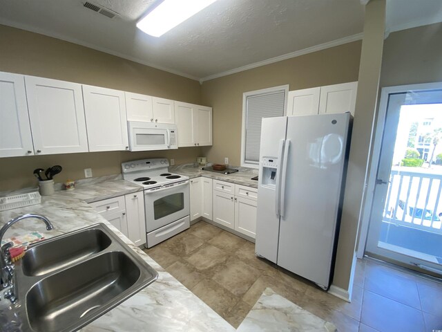 901-9 W Port Dr Unit 907, North Myrtle Beach, SC 29582 - kitchen with white appliances, a sink, crown molding, light countertops, and white cabinets