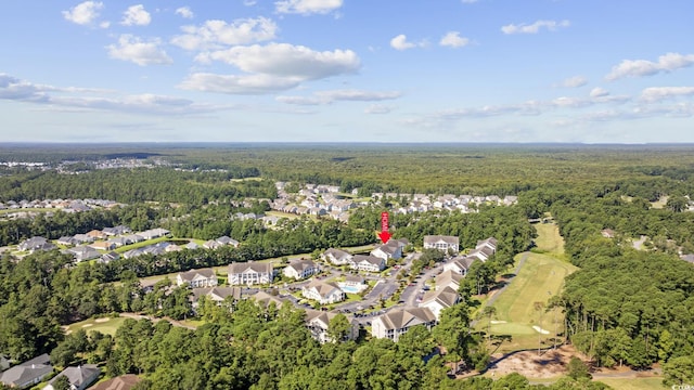 bird's eye view featuring a view of trees, a residential view, and golf course view