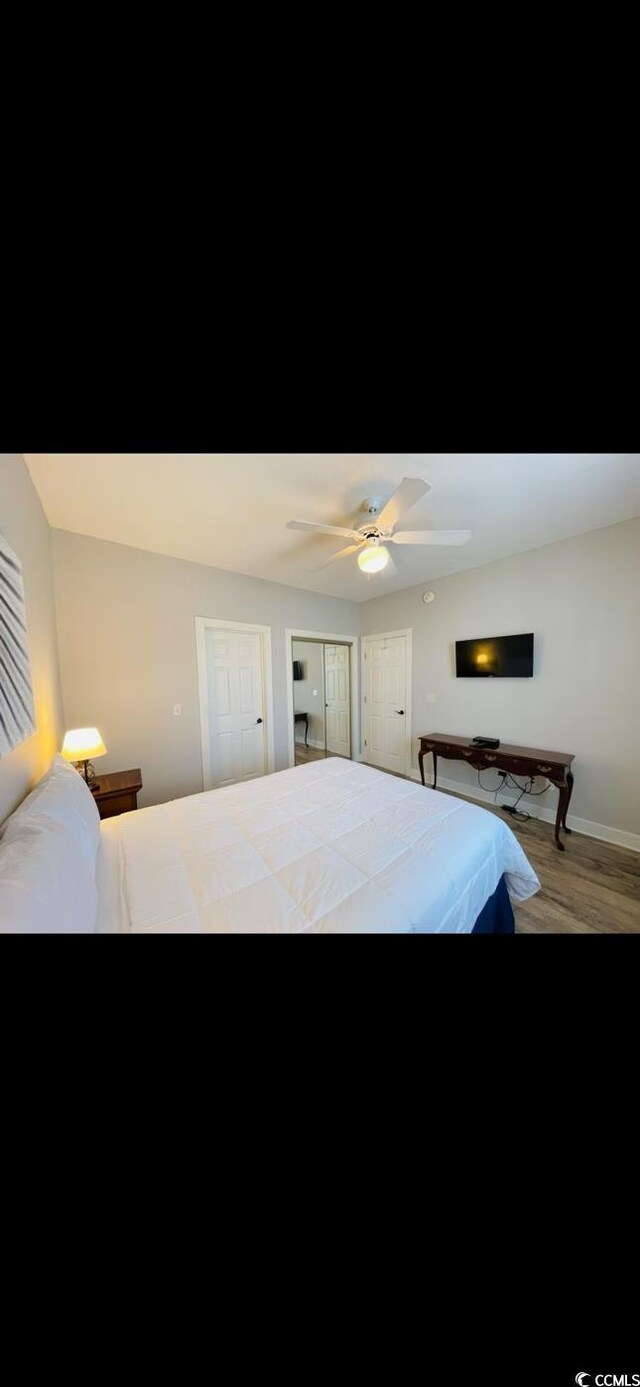 4669 Wild Iris Dr Unit 22-2O2, Myrtle Beach, SC 29577 - bedroom featuring a ceiling fan, multiple closets, wood finished floors, and baseboards