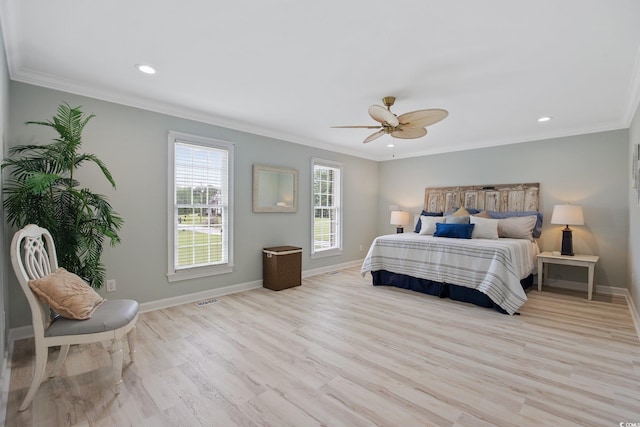 4100 Hagwood Cir, Conway, SC 29526 - bedroom featuring light wood finished floors, baseboards, recessed lighting, ornamental molding, and ceiling fan
