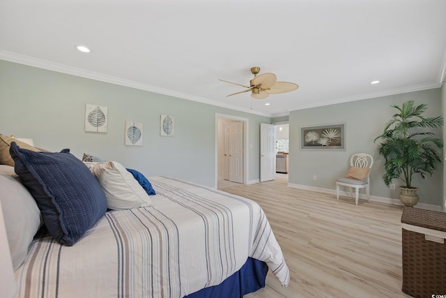 4100 Hagwood Cir, Conway, SC 29526 - bedroom with light wood finished floors, recessed lighting, crown molding, baseboards, and ceiling fan