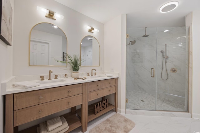 4100 Hagwood Cir, Conway, SC 29526 - full bath with a marble finish shower, double vanity, baseboards, and marble look tiles