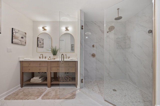 4100 Hagwood Cir, Conway, SC 29526 - full bathroom featuring a marble finish shower, double vanity, baseboards, and marble finish floors