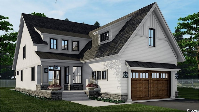 573 Starlit Way, Myrtle Beach, SC 29579 - modern farmhouse style home featuring a standing seam roof, an attached garage, a metal roof, driveway, and board and batten siding