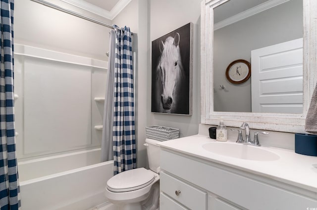 full bathroom with toilet, shower / bath combo with shower curtain, vanity, and crown molding