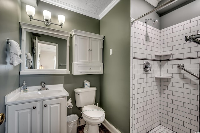 720 N Waccamaw Dr Unit 207, Garden City Beach, SC 29576 - bathroom with tiled shower, vanity, crown molding, and toilet