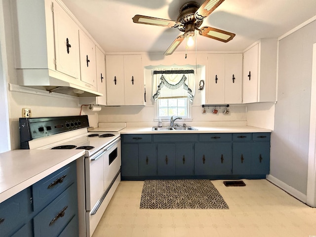 kitchen with white cabinetry, electric range, under cabinet range hood, light floors, and a sink