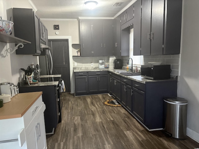 kitchen featuring open shelves, appliances with stainless steel finishes, dark wood-style flooring, and a sink