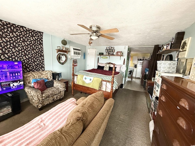 202 28th Ave N Unit 5, North Myrtle Beach, SC 29582 - carpeted bedroom featuring an AC wall unit, a ceiling fan, and a textured ceiling