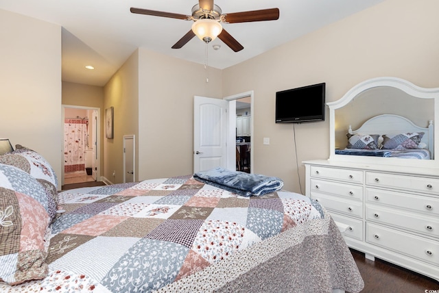 bedroom with ceiling fan, recessed lighting, and dark wood-type flooring