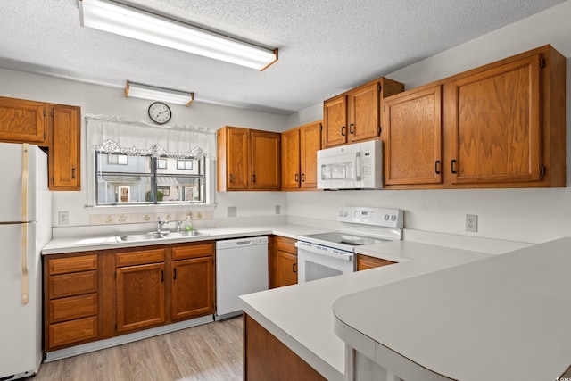 775 Plantation Dr Unit 87, Little River, SC 29566 - kitchen featuring white appliances, a textured ceiling, brown cabinets, light countertops, and light wood finished floors