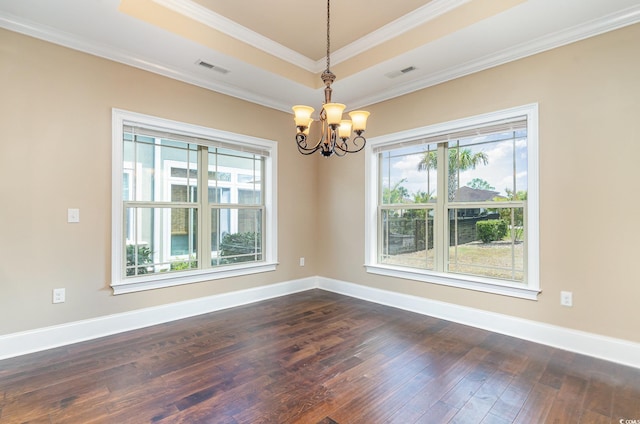7041 Turtle Cove Dr, Myrtle Beach, SC 29579 - unfurnished room featuring a chandelier, dark wood-style flooring, crown molding, a raised ceiling, and baseboards