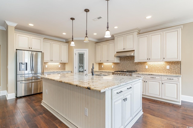 7041 Turtle Cove Dr, Myrtle Beach, SC 29579 - kitchen featuring stainless steel fridge, a sink, dark wood-type flooring, under cabinet range hood, and light stone counters