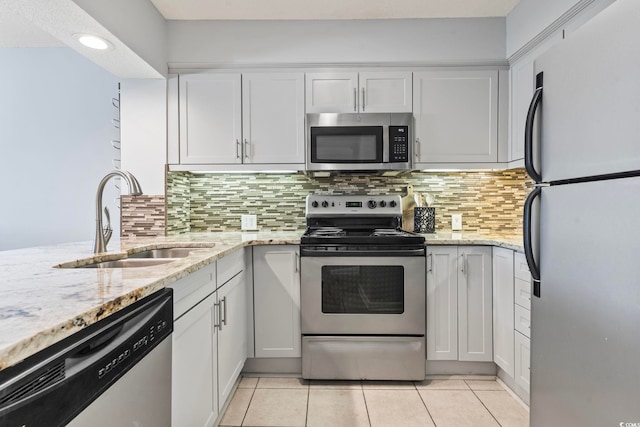 kitchen featuring stainless steel appliances, a sink, white cabinets, light tile patterned floors, and backsplash