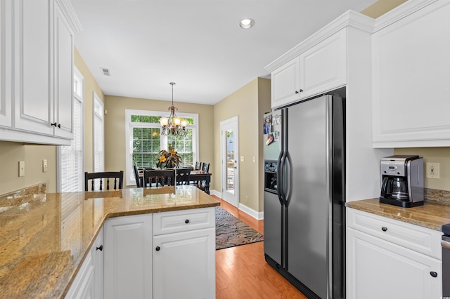 2213 Gazebo Ct, North Myrtle Beach, SC 29582 - kitchen featuring stainless steel fridge, light wood-type flooring, a chandelier, white cabinets, and recessed lighting