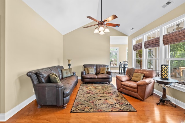 2213 Gazebo Ct, North Myrtle Beach, SC 29582 - living room featuring high vaulted ceiling, ceiling fan, wood finished floors, and baseboards