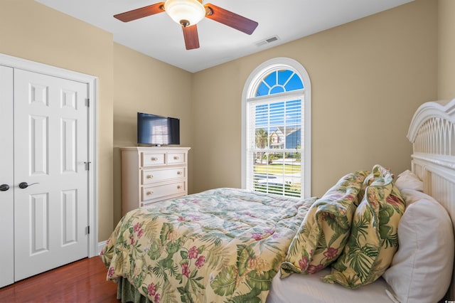 2213 Gazebo Ct, North Myrtle Beach, SC 29582 - bedroom with dark wood-style floors and ceiling fan