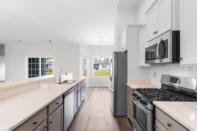 kitchen with stainless steel appliances, a sink, dark wood-type flooring, and plenty of natural light