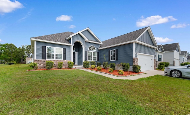 single story home with brick siding, concrete driveway, an attached garage, and a front lawn