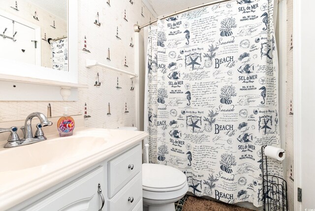 1310 N Waccamaw Dr Unit 211, Garden City Beach, SC 29576 - full bath with toilet, vanity, curtained shower, and tasteful backsplash