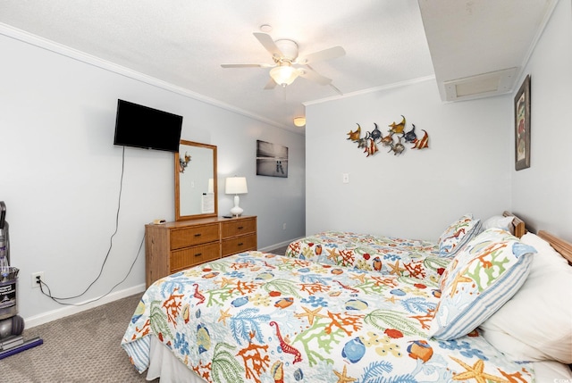 bedroom featuring carpet floors, ornamental molding, attic access, baseboards, and ceiling fan