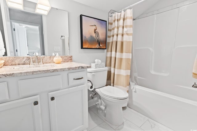 full bathroom with lofted ceiling, shower / tub combo with curtain, toilet, vanity, and marble finish floor