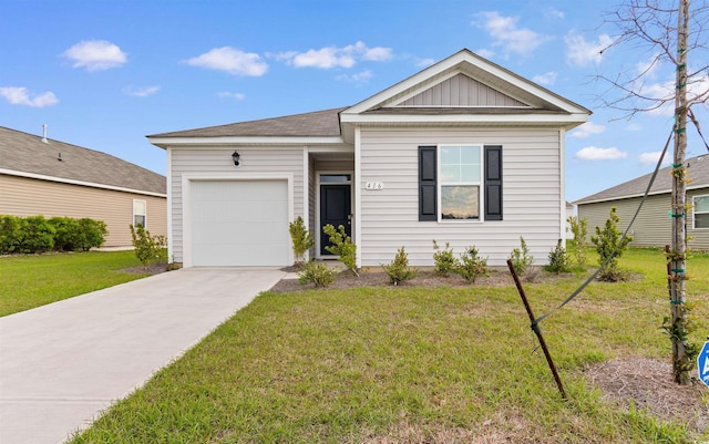 view of front of property with driveway, an attached garage, a front lawn, and board and batten siding