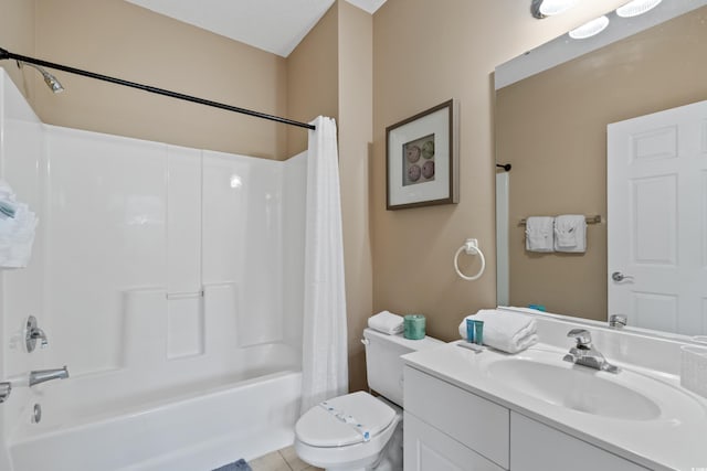 full bathroom with vanity, shower / bathtub combination with curtain, and toilet