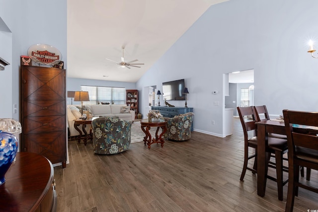 1752 Starbridge Dr, Surfside Beach, SC 29575 - dining area featuring high vaulted ceiling, a ceiling fan, wood finished floors, and baseboards