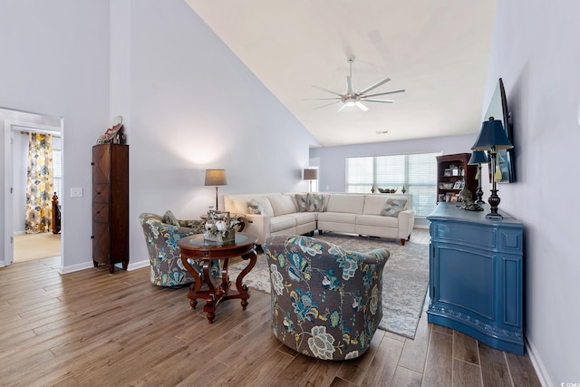 1752 Starbridge Dr, Surfside Beach, SC 29575 - living room with ceiling fan, high vaulted ceiling, and wood finished floors