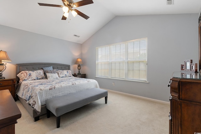 1752 Starbridge Dr, Surfside Beach, SC 29575 - bedroom featuring baseboards, vaulted ceiling, light carpet, visible vents, and ceiling fan