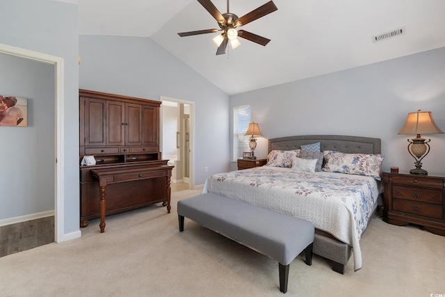 1752 Starbridge Dr, Surfside Beach, SC 29575 - bedroom featuring visible vents, baseboards, ceiling fan, high vaulted ceiling, and light colored carpet