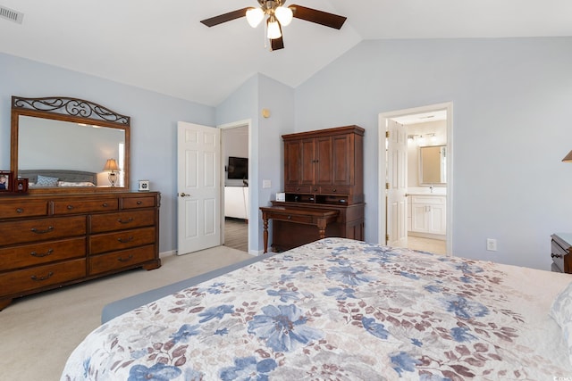 1752 Starbridge Dr, Surfside Beach, SC 29575 - bedroom with visible vents, a ceiling fan, connected bathroom, high vaulted ceiling, and light colored carpet