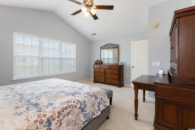 1752 Starbridge Dr, Surfside Beach, SC 29575 - bedroom with visible vents, baseboards, ceiling fan, vaulted ceiling, and light carpet