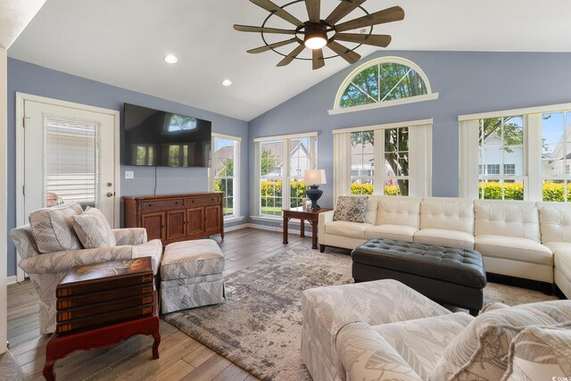 1752 Starbridge Dr, Surfside Beach, SC 29575 - living room with high vaulted ceiling, ceiling fan, wood finished floors, and recessed lighting