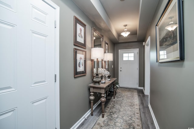 entryway with a tray ceiling, wood finished floors, and baseboards