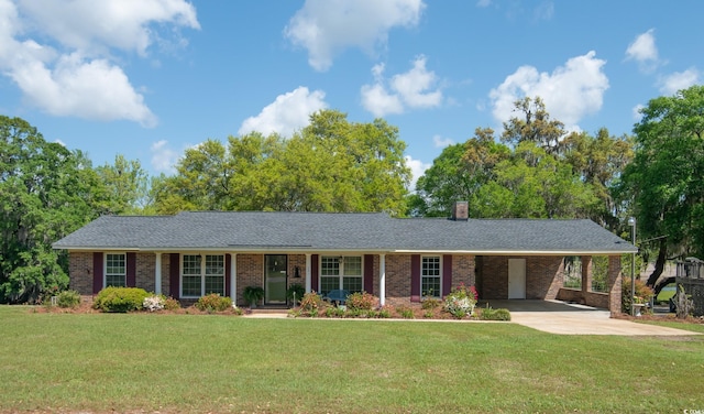 391 Waterford Dr, Georgetown, SC 29440 - ranch-style home featuring driveway, a front yard, brick siding, a chimney, and a carport