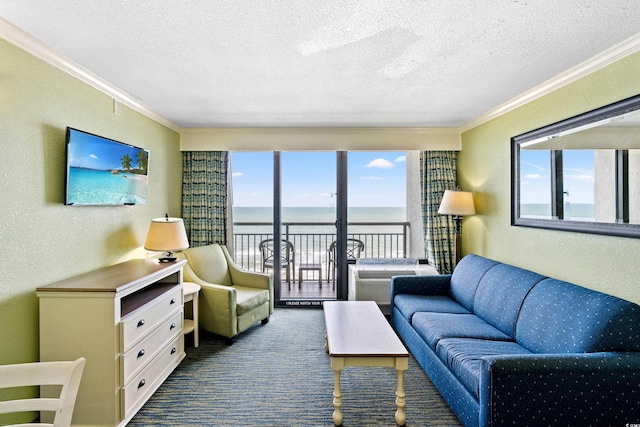 3000 N Ocean Blvd Unit 729, Myrtle Beach, SC 29577 - living room featuring crown molding, a textured wall, a textured ceiling, and dark carpet