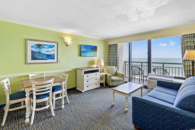 3000 N Ocean Blvd Unit 729, Myrtle Beach, SC 29577 - carpeted living room with ornamental molding, a water view, a textured ceiling, and baseboards