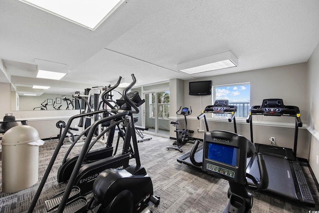 workout area featuring baseboards and carpet