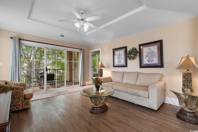 2180 Waterview Dr Unit 632, North Myrtle Beach, SC 29582 - living room featuring visible vents, wood finished floors, a ceiling fan, and a raised ceiling