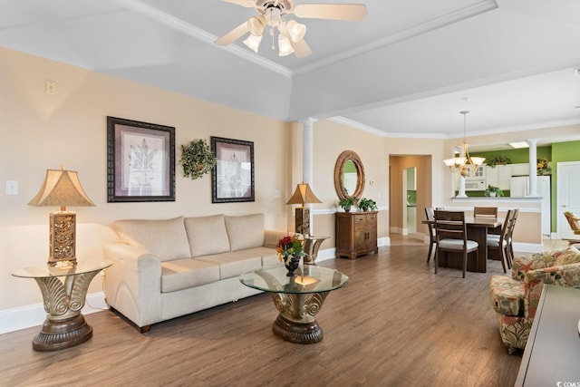 2180 Waterview Dr Unit 632, North Myrtle Beach, SC 29582 - living room featuring baseboards, ornamental molding, ornate columns, ceiling fan with notable chandelier, and wood finished floors