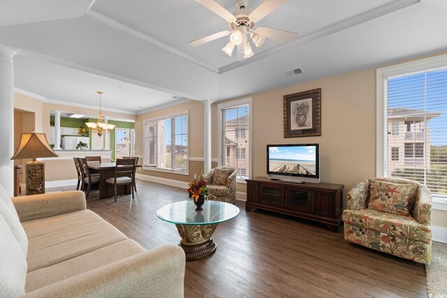 2180 Waterview Dr Unit 632, North Myrtle Beach, SC 29582 - living room with baseboards, crown molding, visible vents, ornate columns, and wood finished floors