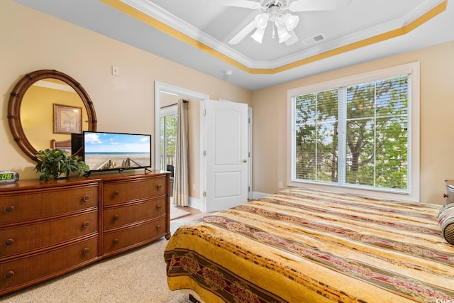 2180 Waterview Dr Unit 632, North Myrtle Beach, SC 29582 - bedroom with visible vents, a raised ceiling, ceiling fan, crown molding, and light colored carpet
