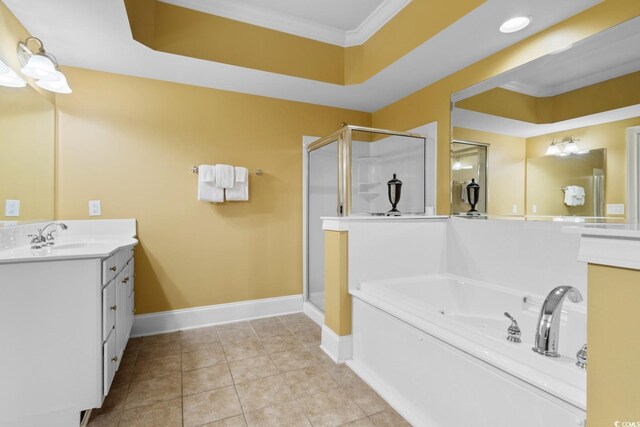 2180 Waterview Dr Unit 632, North Myrtle Beach, SC 29582 - bathroom featuring a garden tub, a shower stall, vanity, ornamental molding, and baseboards